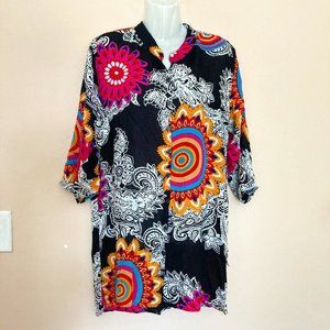 Nita Women's Tunic Dress Top Button Up 3/4 Sleeve Boho Black Multicolored XL/G